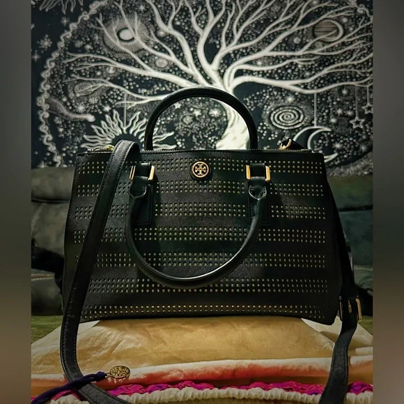 Vintage Tory Burch tote bag crossbody purse Black Satchel with Gold Accents - Picture 8 of 17